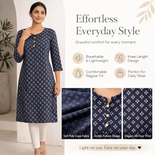 Image of Abhivesha Trends Women's Floral Printed Poly Crepe Kurti | 3 /4 Sleeve | Knee Length Straight Kurta for Women | Casual Office Wear | L