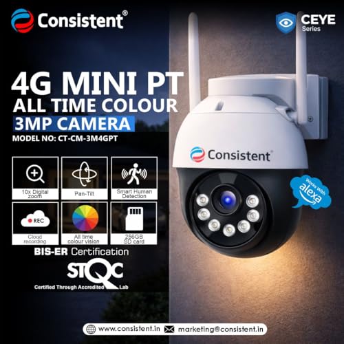 Image of Consistent 3MP 4G PAN-TILT ATC Outdoor Camera | IP66 Rated | Two Way Audio | Human Detection | 4G SIM Support | 256GB Memory Card Cloud Storage | Alexa Compatible | STQC Certified.