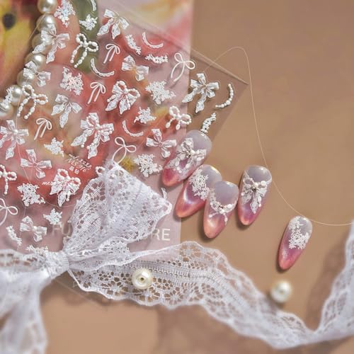 Image of NBNTGH Pearl Bow Nail Stickers - 5D Elegant Self Adhesive Nail Decals White Lace Design for Women Manicure DIY Decoration Accessories (1 Sheet)
