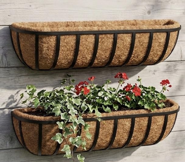 FAHAAM Premier ||Set of 2 Handmade Wall Trough Planters||Black Metal Frame with Coconut Coir Liner|| 62 x 18 x 16.5 cm||indoor/outdoor Garden