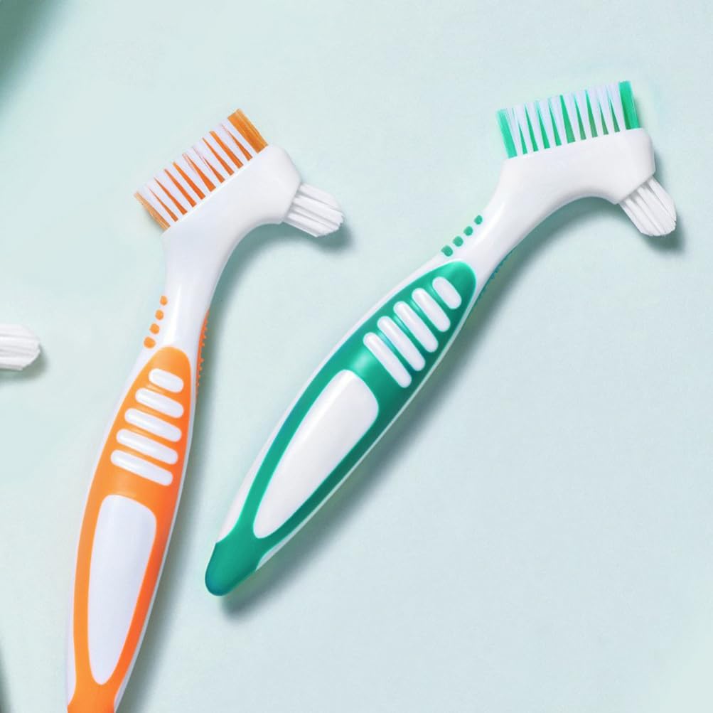 FRCOLOR 4pcs Denture Brush Dual Headed Hard Bristle Toothbrush Double Side Toothbrush for Dentures Retainers Dentist Recommended Denture Cleaners