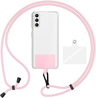 Kaliroo Cuerda Universal con 2 Almohadillas & Mosquetón (Metal Negro), Cadena Larga Ajustable 160cm para Funda de Móvil, Fijación para Smartphone, Llaves, Tarjetas de identificació, Color:Rosa Pastel