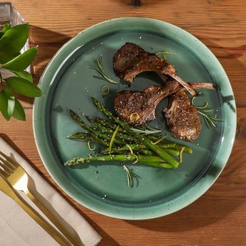 Image of Gibson Elite 12 Piece (Service for 4) Fern Canyon Plates and Bowls Reactive Glaze Modern Coupe Round Dishes Stoneware Ceramic Dinnerware Set - Glossy Green