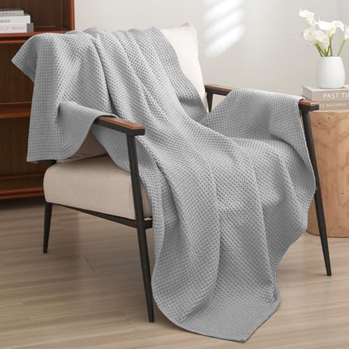 Image of PHF 100% Cotton Waffle Throw Blanket Lightweight Breathable, Light Grey