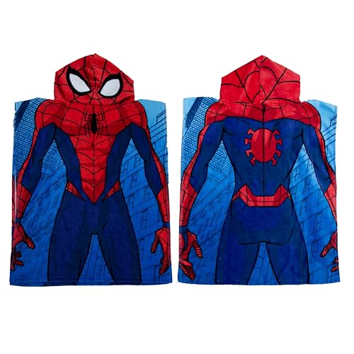 Character World Poncho de Toalla con Capucha Oficial de Disney Marvel Spiderman | Tacto súper Suave, diseño de Spider City | Albornoz para niños pequeños, hogar, baño y Playa