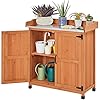 Topeakmart Potting Bench Table - Wooden Storage Cabinet with Removable Shelf & Flexible Space & Metal-Plated Tabletop for Outdoor Garden Patio,Brown