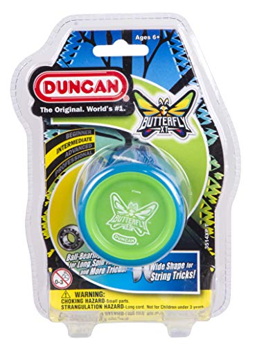 duncan toys butterfly xt yo-yo with string ball bearing axle and plastic body string trick yo-yo blue with green cap