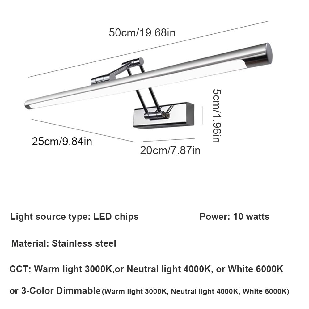 Lampada Specchio Argento Moderna, Applique Bagno Braccio Estensibile Acciaio Luce per Specchio Lineare per Trucco Rasatura Quadro(3 modes,50cm/19.68in)
