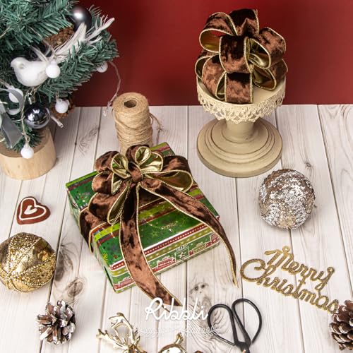 Image of Ribbli Brown Velvet Wired Ribbon 1.5 Inch Metallic Brown Gold Crushed Velvet Christmas Ribbon for Gift Wrapping Christmas Tree Decoration Crafts Wreaths Supplies-Continuous 10 Yards