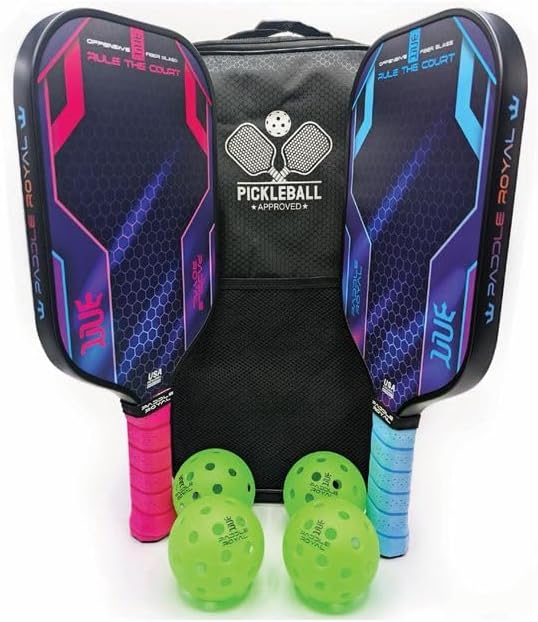 NOVASET Fiberglass Pickleball Paddle Set with Carry Case and 4 Balls, Honeycomb Core, UV Printing, Blue and Pink