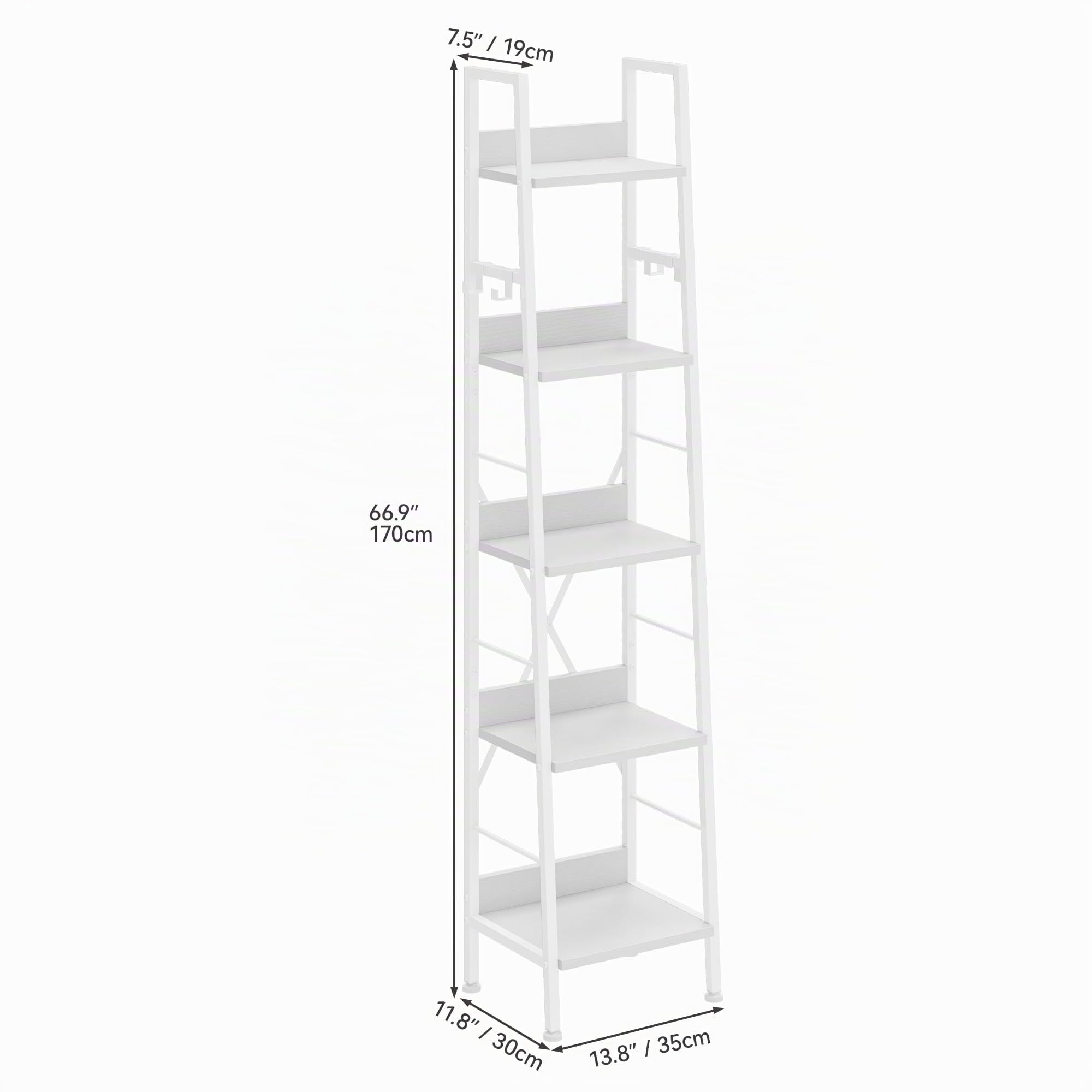 YITAHOME Bücherregal mit 5 Ebenen, industrielles Leiterregal, freistehendes Holzregale und Metallrahmen, modernes Regal für Wohnzimmer, Flur, Büro, reinweißes