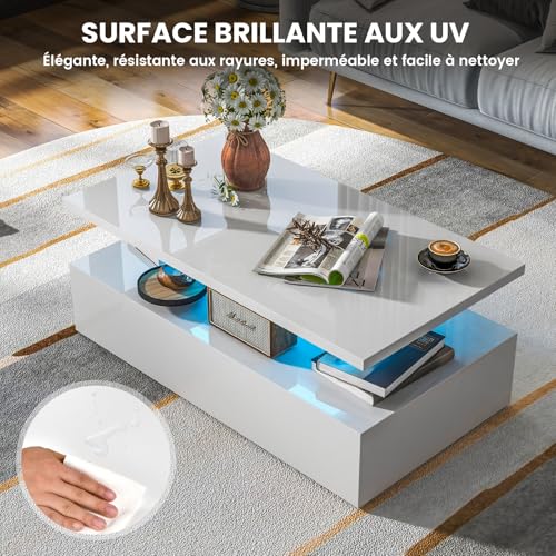 Table basse rectangulaire laquée avec télécommande et 19 modes LED