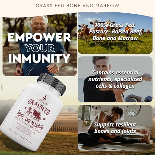 Ancestral Supplements Grass Fed Beef Bone and Marrow Supplement, 3000mg, Skin, Oral Health, and Joint Support Supplement, Promotes Whole-Body Wellness, Non GMO Whole Bone Extract, 180 Capsules