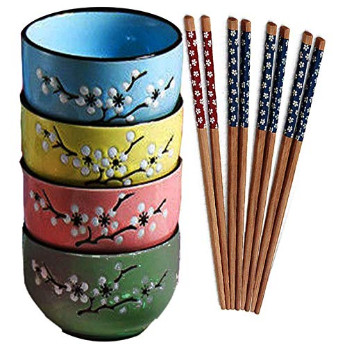 4 PCS Porcelain Cereal BowlsFadaar Multicolour Rice Bowls Japanese Snowflake Glaze Craft Plum Blossom Style Ceramics with 4 x pair Chopsticks Soup Bowls for Pasta Salad Noodle Cereal 4