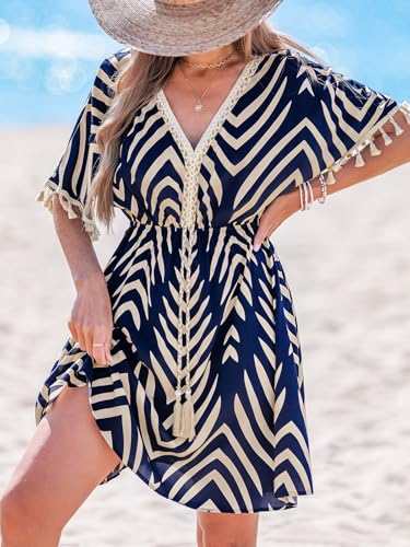 Image of CUPSHE Women Tassel Trim Summer Dress V Neck Lace Short Sleeve Paisley Boho Casual Sundress Holiday Beach Mini Dress