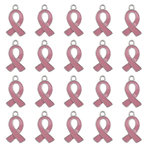 WANDIC 20 Pcs Alloy Enamel Ribbon Pendants Breast Cancer Awareness Charms Pink Ribbon Charms Pendants Enamel Jewelry pendants for Bracelet Necklace Earring