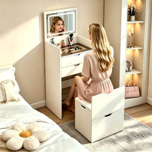 Cocoakiss White Makeup Vanity - 3 in 1 Vanity Desk with Mirror and Lights 18 Small Vanity with Hidden Chair Flip Top & 3 Drawers Space Saving Compact Vanity for Bedroom Cloakroom