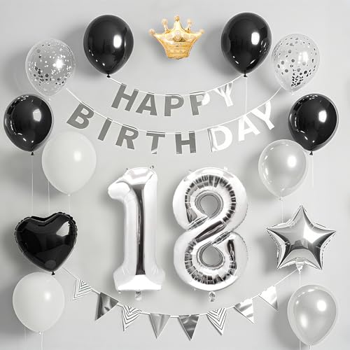 18歳 誕生日 飾り付け バルーン セット ブラック＆シルバー happy birthday バナー & 数字バルーン 紙吹雪 王冠付き 豪華パーティー装飾 男の子 女の子兼用