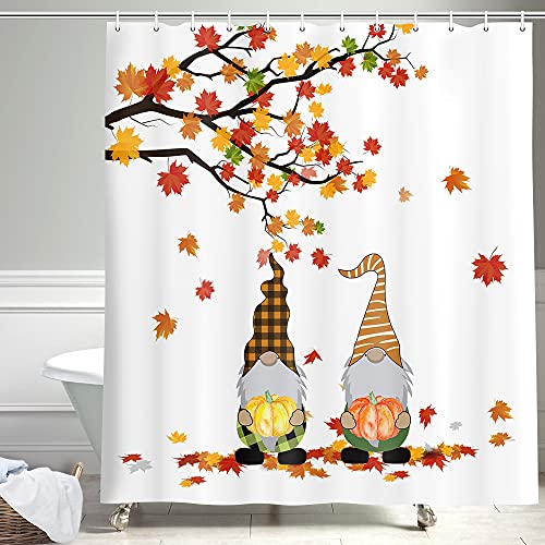 Jawo Romantic Fall Shower Curtain, Autumn Harvest Pumpkin Gnomes Falling Maple Tree Leaves Thanksgiving Farmhouse Bathroom Shower Curtains Set With Hooks, 69X70 Inches #TOP2