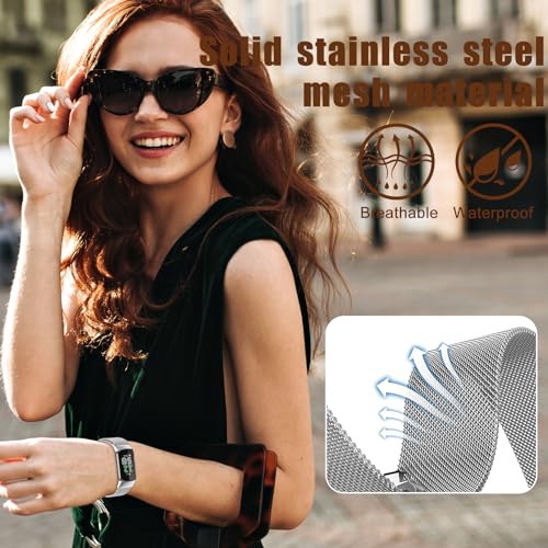 CeiLarv Watch Band Compatible with Fitbit Charge 6 / Fitbit Charge 5, Stainless Steel Metal Magnetic Replacement Strap - Silver + Case Black