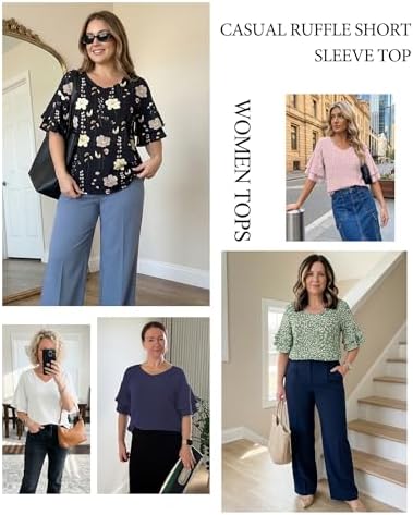 WNEEDU Womens Tops Ruffle Short Sleeve Shirts V Neck Casual Ladies Blouse Cute Basic Bell Sleeve Tees 2026 Trendy Black S - 5