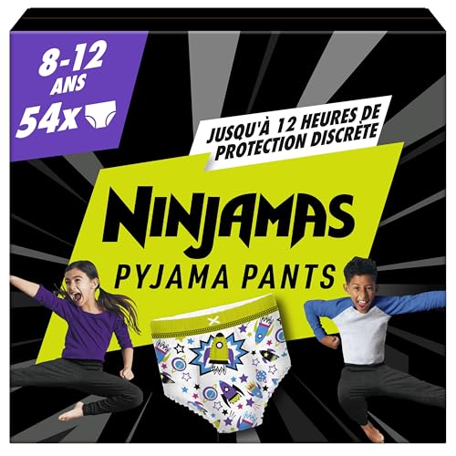 Pampers Ninjamas Pyjama Pants Garçon, 54 Sous-Vêtements de nuit Absorbants, 8-12 Ans, 27-43kg, Protection Maximale Contre Les Fuites Toute La Nuit En Toute Discrétion, Pack 1 Mois