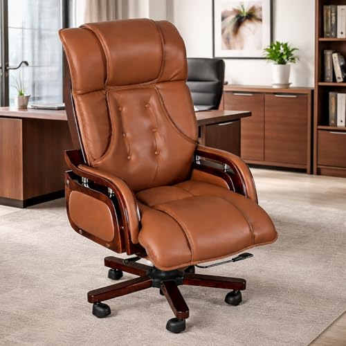 Image of Lakdi The Furniture Co High Back Executive Chair for Office | Leatherette Upholstery with Wooden Base | Revolving Director Chair with Cushioned Seat & Headrest | 5-Year Warranty & Free Assembly