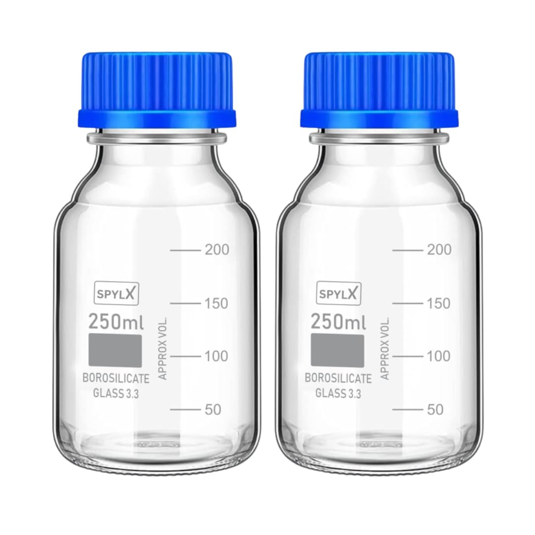 SPYLX Borosilicate Glass reagent bottle 250ml with leak proof Blue Screw Cap pack of 2 for glassware wide mouth chemical bottles for lab, laboratory, kitchen and professional use (B0CBVJ2R7Y) Amazon Price History, Amazon Price Tracker
