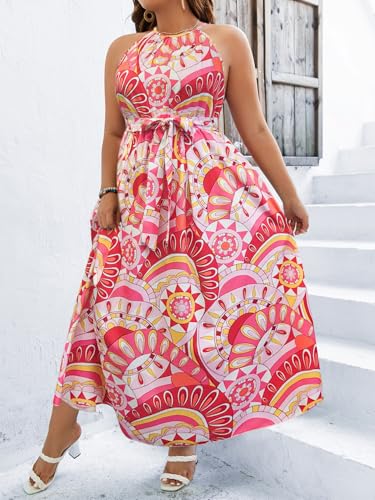 Image of Floerns Women's Plus Size Boho Sleeveless Halter Neck Tie Back A Line Long Dress
