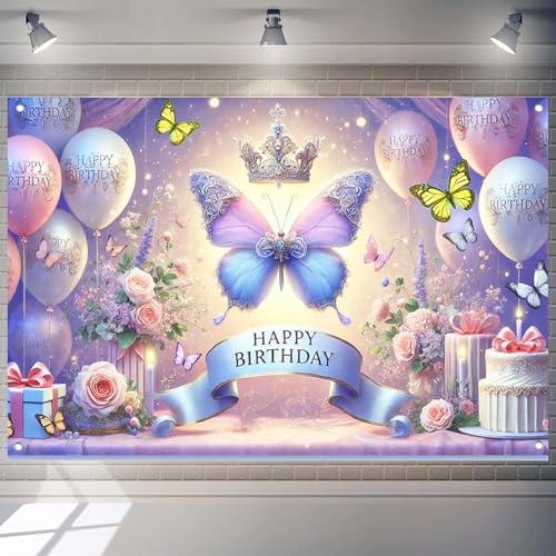 Image of Happy Birthday Banner for Women Girl | Butterfly Floral Theme Backdrop 71x43.3 inch polyester fabric; reusable; ideal photo decor for girls & women birthday parties
