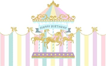 AOFOTO 5x3ft Polyester Baby Girl Happy Birthday Backdrop Pink Striped Tent Merry-go-Round Golden Horses Carousel Background for Kid Bday Party Decoration Birthday Photo Studio Props No Wrinkle
