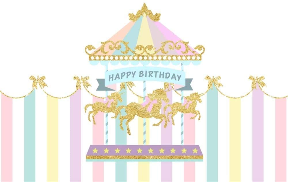 AOFOTO 9x6ft Polyester Baby Girl Happy Birthday Backdrop Pink Striped Tent Merry-go-Round Golden Horses Carousel Background for Kids Bday Party