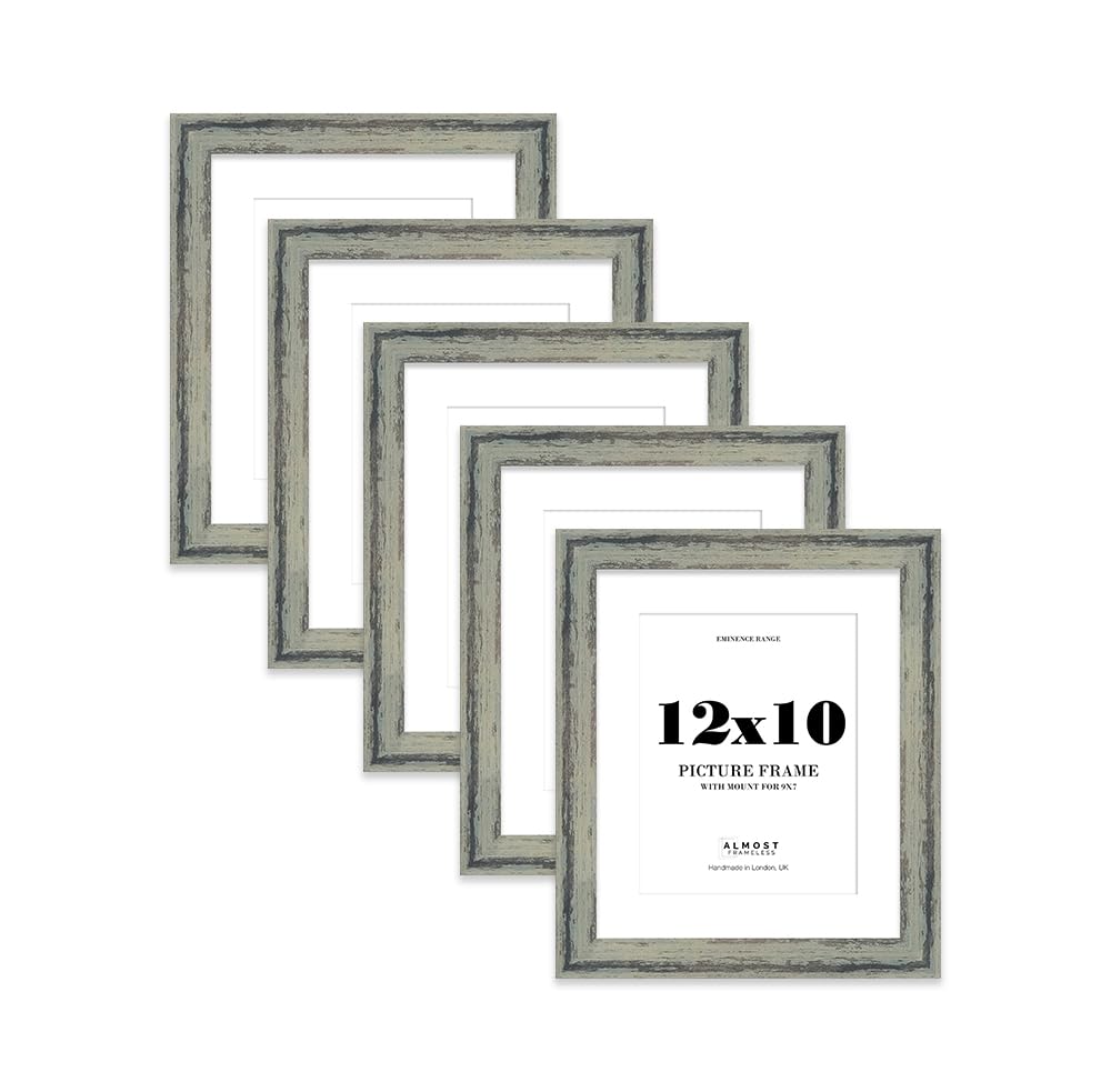 12x10" Distressed Green Picture Frame with 9x7" Mount - Barnwood Photo Frame with Distressed Finish, Wall Hooks and Kickstand, 32mm Edge - 5 Pack