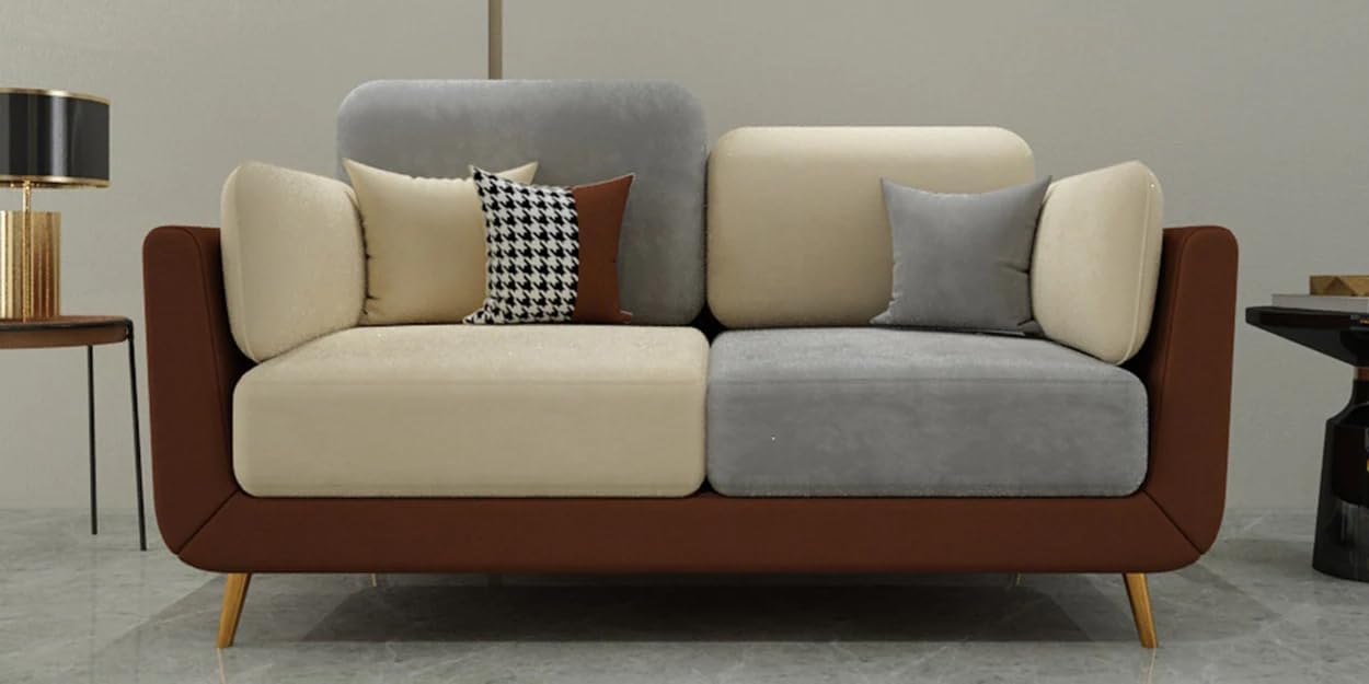 DUEX FURNITURE Velvet Fabric 2-Seater Sofa for Living Room | Modern Compact Couch with Metal Legs | Comfortable Upholstery Seating Couch for Home & Office | Leg Assembly Required | Brown & Beige