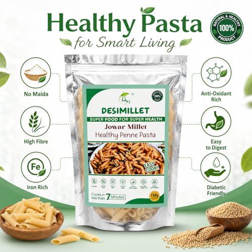 Image of DESIMILLET Jowar Millet Pasta | No Maida, Easy to Digest | Rich in Anti-Oxidant, High Fibre, Iron-Rich Vegan Breakfast | Control Blood Sugar, Diabetic Friendly for Adults - 450 GM (Pack of 3)