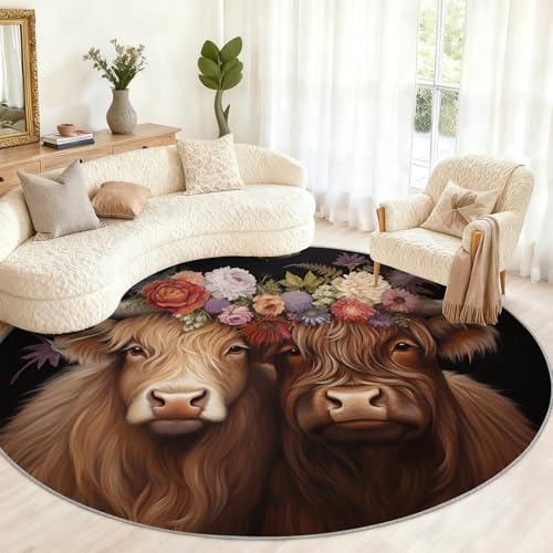 Tapis rond lavable Highland Cattle 100 cm style bohème - 2