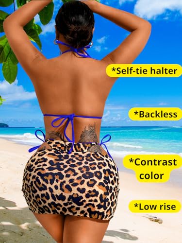 Image of ShawGobow Womens 3 Piece Leopard Bikini Set,Triangle String High Cut Thong Sexy Swimsuit & Coverup Skirt,Pool Party Outfit