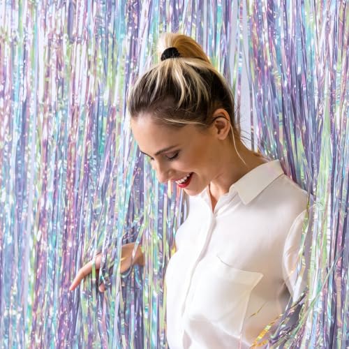 Image of ZATAYE 2 Pack Iridescent Blue Foil Curtain Streamer Decorations | Iridescent Blue, Metallic Foil, 3.28 x 7.05 FT, Tinsel Backdrop, Foil Curtain Streamer, Party Decor