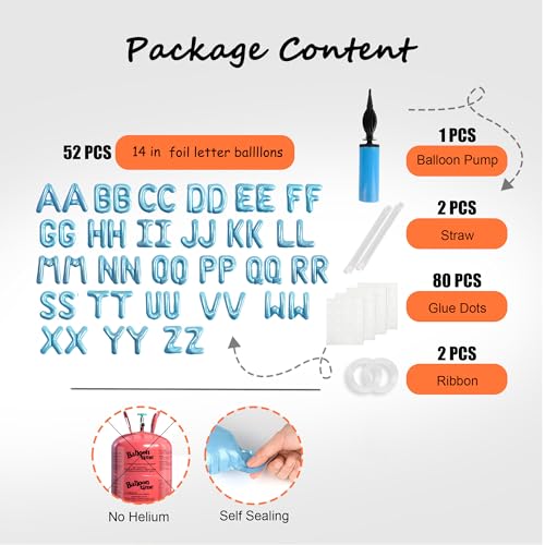 Image of 52 pcs Baby Blue Foil Letter Balloons with Air Pump, 16 Inch 2 A-Z Sets - Mylar Alphabet Balloon Kit for Birthday Banner & Party Decorations
