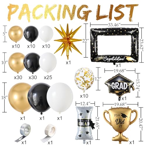 Image of 135Pcs Black Gold White Graduation Balloon Garland Arch Kit,with Explosion Star,Diploma,Trophy,Grad Hat,Photo Frame Foil Balloons for Congrats Class of 2026 Graduates Celebrations Party Decoration