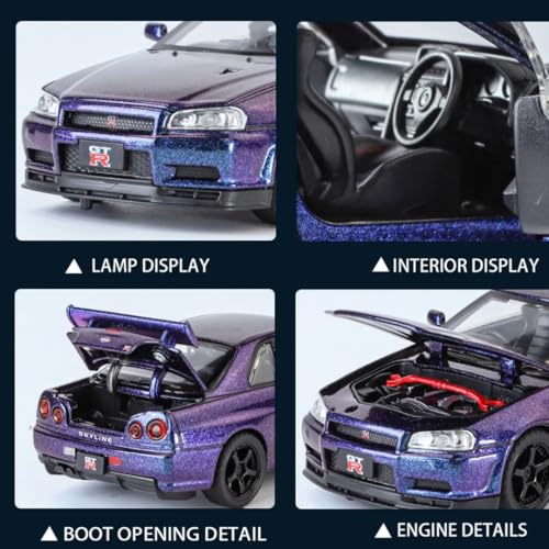 Image of PLUSPOINT Diecast Metal Skyline GTR-R34 P.Walker Edition Sports 1:24 Scale Dualtone Simulation Model Alloy Pull Back Toy car for Kids with Openable Doors & Light, Music Toy Vehicle for Kids, Adults