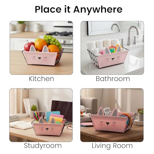 Image of Go Hooked Cute Pink Animal Design Storage Basket for Kids | Strong Metal Wire Organizer with Detachable Fabric Liner | Multipurpose Basket for Toys, Fruits, Snacks, Bathroom, Wardrobe & Home Decor