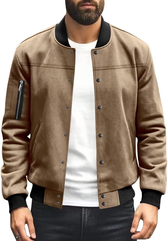Men's Lightweight Faux Suede Bomber Jacket-Classic Windbreaker Style Vintage Button Down Cardigan Slim Fit Casual Coat​