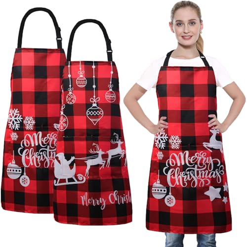 XIEJINJIA 2 Pack Adjustable Water Resistant Canvas Christmas Apron Red & Black Plaid with Snowflake Reindeer Aprons Long Ties with 2 Pockets Kitchen Cooking for Women Men