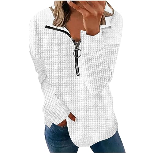 Sudaderas con media cremallera para mujer, casual, color liso, cuello vuelto, sin botones, de manga larga, para otoño e invierno, sudadera básica ligera, blanco, 3XL
