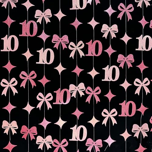 Image of Glitter Pink 10th Bow Birthday Decorations Hot Pink Conquette Bow Garland Streamer Banner Backdrop for Girls Happy 10th Birthday Double Digits I'm 10 Cheers to 10 Years Old Anniversary Party Supplies