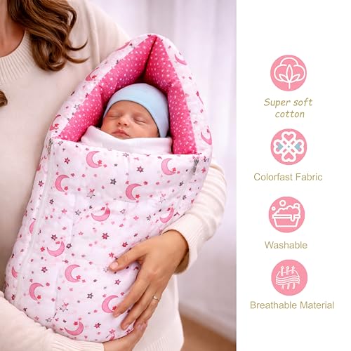 Image of Fareto Combo of Baby Bed with Net | Carry Bag | 4 Pcs Bedding Set (0-6 Months, Baby Size, Cotton) (Pink Moon)
