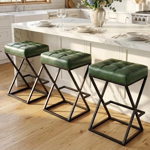 Image of Bar Stools Set of 3, 26 Inch Counter Height Stool Faux Leather Green | Backless Counter Stools with X-Frame Metal Legs, 3.3 inch Upholstered Seat, Mid-Century Modern, for Kitchen Island, Home Bar