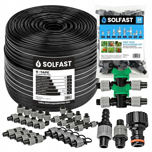 SOLFAST Tropfschlauch Set 100m 16mm 20cm Abstand 1 5L/h Bewässerungssystem Komplettset mit Zubehör (24 Teile) Tropfbewässerung Garten Feld & Gewächshaus