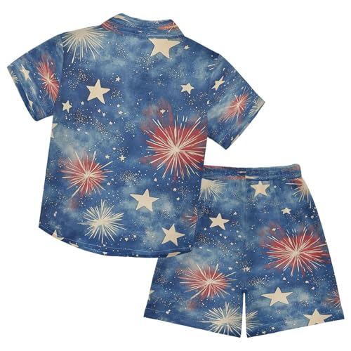 Boccsty Red Blue Stars Fireworks Boy Summer Shorts Sets Hawaiian Toddler Boys T-Shirt & Pants 2 Pcs 3T2